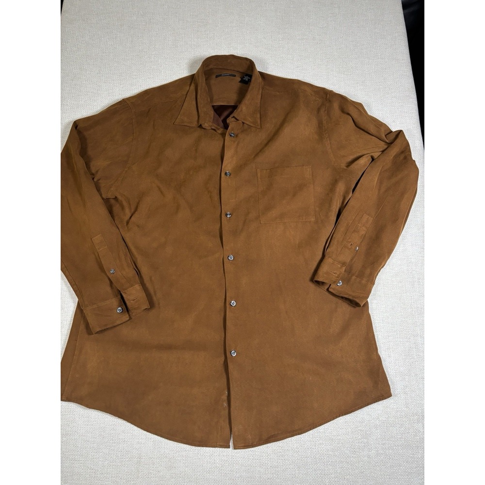 Alfani Mens XL Faux Micro Suede Long Sleeve Button Up Shirt Brown Casual